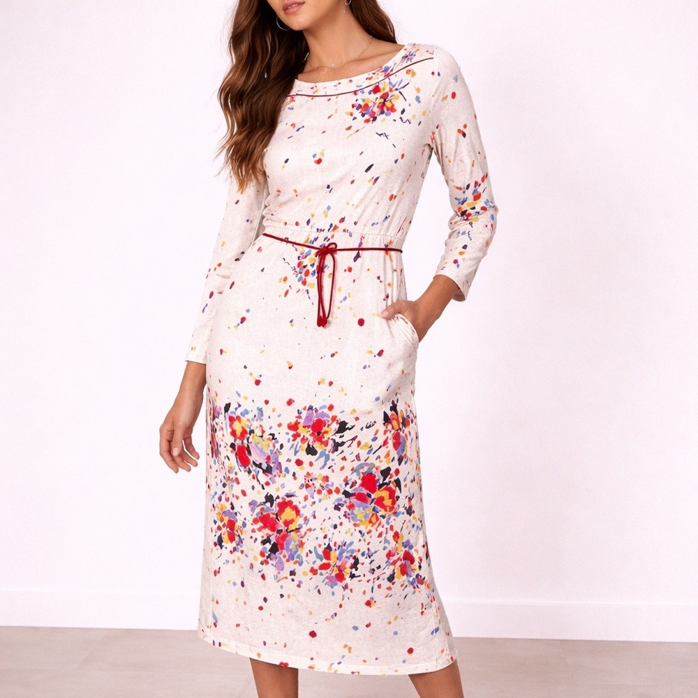 Vintage Tobi White Multi Abstract Floral Paint Splatter Midi Dress Belted S/M